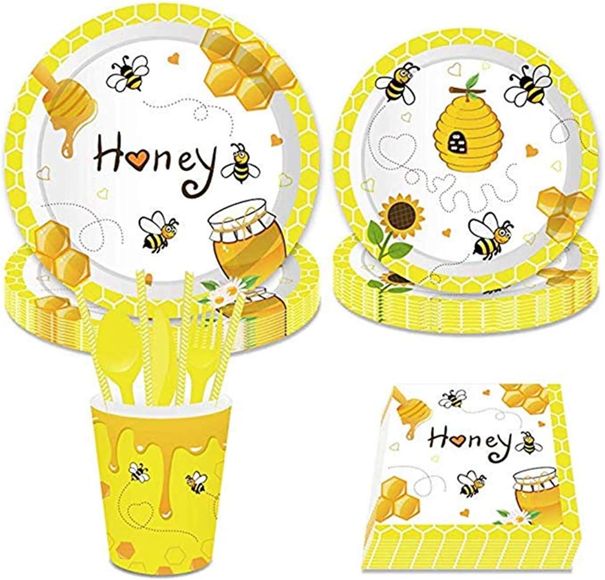 FAIRYRAIN Bumble Bee Party Supplies Set (Serves 16) Includes Paper Plates, Napkins, and Cups,Forks Spoons Knives,Straws for Baby Shower Birthday Party Supplies
