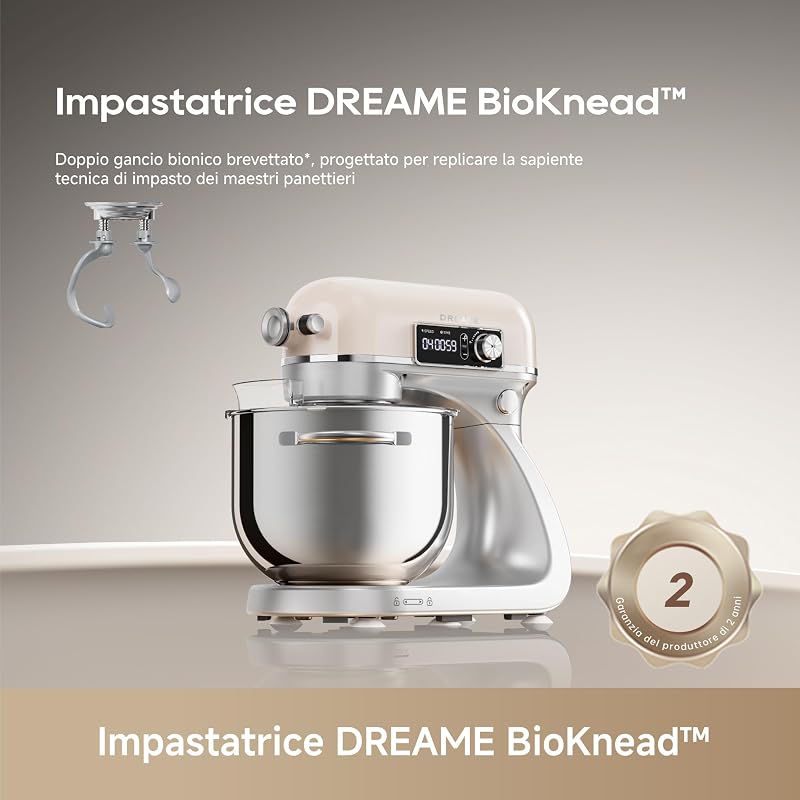 BioKnead Impastatrice Planetaria. Doppio Gancio Brevettato e Motore CC Silenzioso da 800 W con Ciotola da 6 L, Display Digitale, 12 Velocità e Numerosi Accessori per Ogni Attività