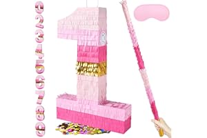 PCFING 20 Inch Number 1 Piñata Pink Gold with 30 Inch Piñata Stick Blindfold Confetti for Boys Girls Adults Birthday Party Decorations, Anniversary Celebration, Fiesta