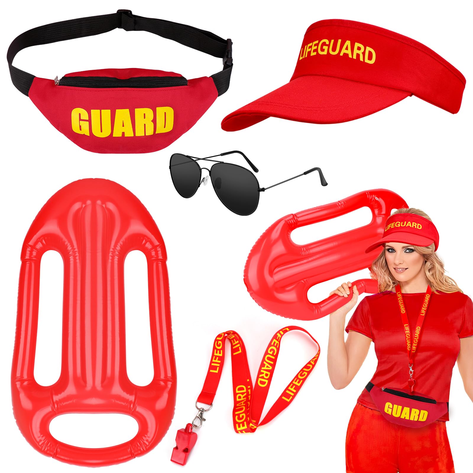 SelfTek 5 Pcs Lifeguard Costume Accessories, Red Lifeguard Hat Guard Whistle Waist Bag Black Sunglasses Inflatable Float Prop Life Guard Costume Fancy Dress for Women Men Beach Pool Halloween Party