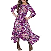 KYMIDY Girls Floral Maxi Dress Kids 3/4 Sleeve Boho Casual Pocket Ruffle Swing Dresses with Belt for Girls 6-12 Years