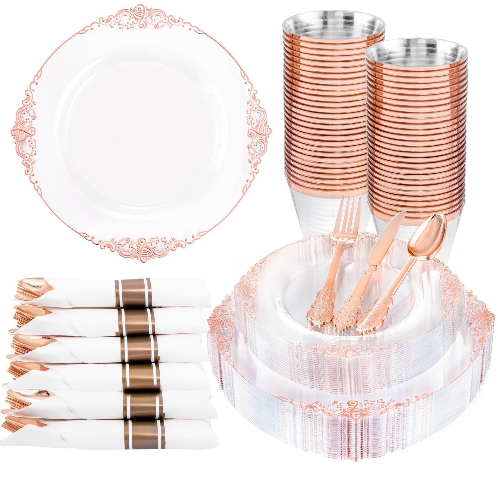 Photo 1 of Nervure 175PCS Rose Gold Plastic Plates - Disposable Rose Gold Party Plates & Pre Rolled Napkins with Cutlery for 25 Guests, 50Plates, 75Silverware, 25Cups, 25Napkin for Wedding & Party