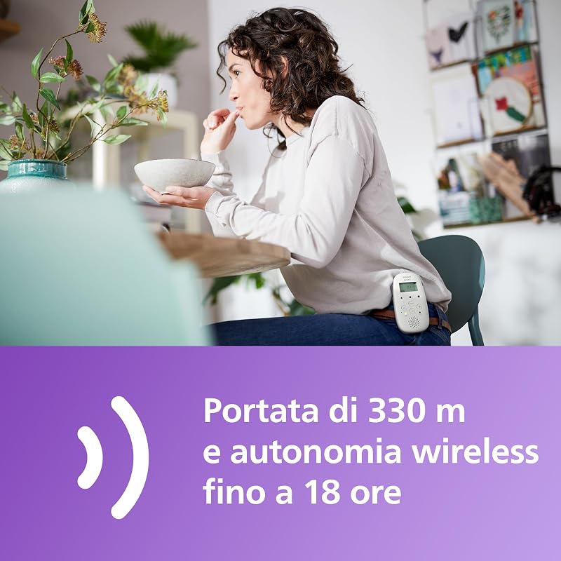Philips Avent DECT Audio Baby Monitor luce notturna e ninne nanne, comunicazione bidirezionale, portata di 330 m, autonomia wireless fino a 18 ore, sensore di temperatura, audio nitido, SCD713/26