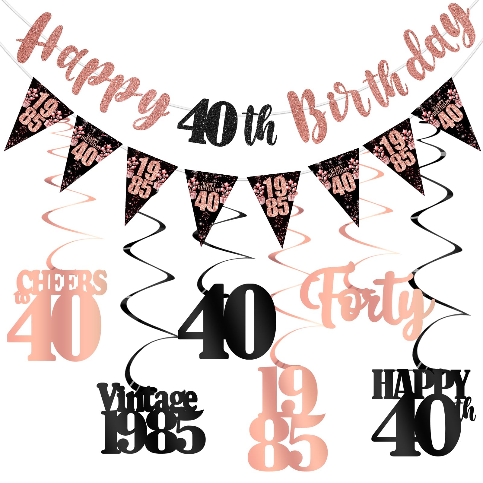 Photo 1 of 40th Birthday Decorations for Women, Black Rose Gold Happy 40th Birthday Banner Hanging Swirls Vintage 1985 Decorations Kit Cheers to 40 Party Supplies