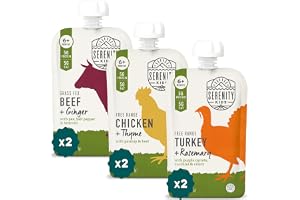 Serenity Kids Organic Baby Food Pouches, 5g Protein, 3.5 Oz, 6 Pack | 5g Protein, No Added Sugar, Savory Meat Pouches, Baby Snacks, Toddler Food, Organic Ingredients