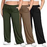 HLTPRO 3 Pack Lounge Pants Women Plus Size Wide Leg Pants Woman with Pockets Casual Pajama Palazzo Black Pant for Yoga