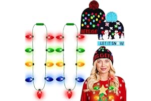 BLOWATA 4 PCS Light Up Christmas Beanie Hat Necklace Set, LET IT SNOW Knitted Cap with Colorful LED Lights, 3 Modes Plastic Light Up Christmas Necklace for Christmas Gift Family Gathering Ugly Sweater Party