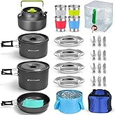 Odoland 29pcs Camping Cookware Mess Kit, Non-Stick Lightweight Pots Pan Kettle, Collapsible Water Container and Bucket, Stainless Steel Cups Plates Forks Knives Spoons for Outdoor Backpacking Picnic