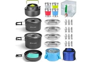 Odoland 29pcs Camping Cookware Mess Kit, Non-Stick Lightweight Pots Pan Kettle, Collapsible Water Container and Bucket, Stain