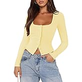 Pungdra Womens Button Up Tops for Women Knit Ribbed Fitted Button Down Cardigan Long Sleeve Going Out Tops Fall Clothes