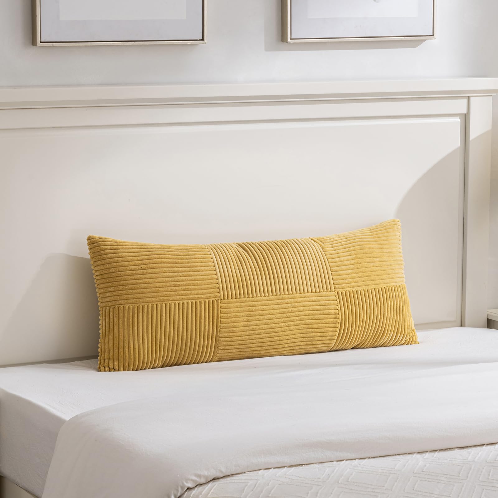 Photo 1 of Fancy Homi Set of 1 Mustard Yellow Boho Long Lumbar Body Decorative Throw Pillow Cover 14x36 Inch for Bed Couch Bedroom Bench, Soft Patchwork Corduroy Pillow Case, Rustic Farmhouse Room Decor