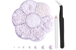 Mdscve 6100Pcs Nail Pearls, Flatback Pearls for Crafting Half Pearls for Makeup Flat Pearls for Crafts DIY Pearls Charms with Tweezer and Picker Pencil (White)