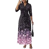 FANDEE Maxi Dresses for Women V Neck Casual A-line Dress 3/4 Sleeve Semi Formal Dress for Women