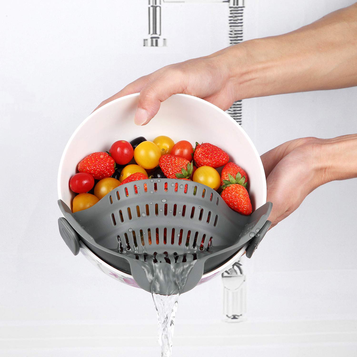 Byme Kitchen Food Strainers and Colanders Pasta Strainer Clip On Silicone Colander Fit all Pots and Bowls- Dark Grey