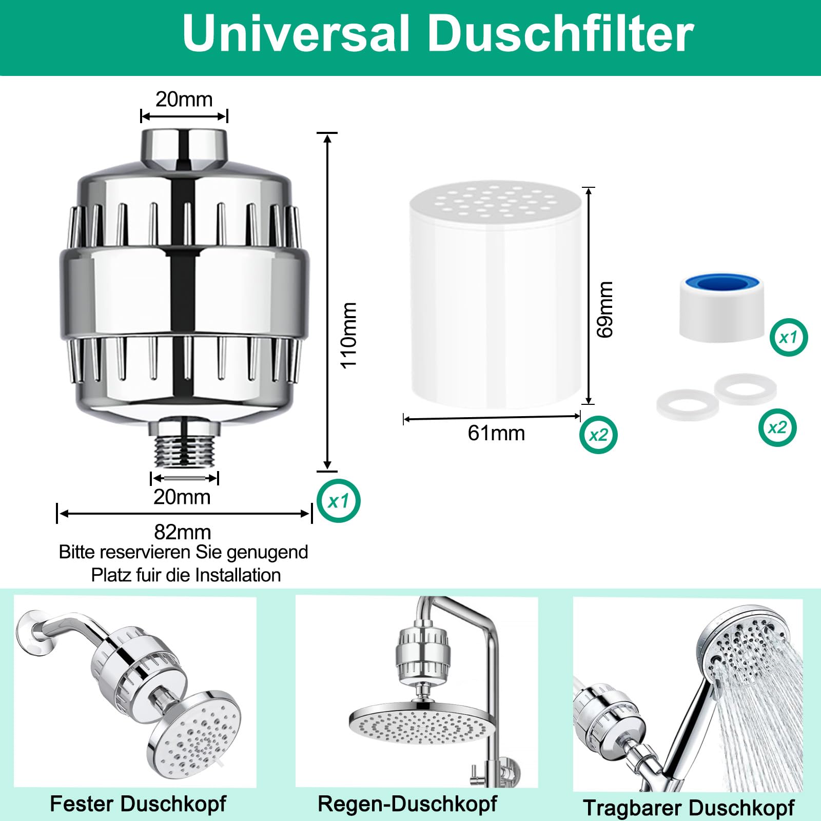 Buenotec 36 Stufen Duschfilter mit Vitamin C E für Hartes Wasser, Duschkopffilter Kalkfilter Dusche mit 2 Filterpatrone zur Entfernung von Chlor und Schwermetallen, verbessert Haut- & Haargesundheit 2