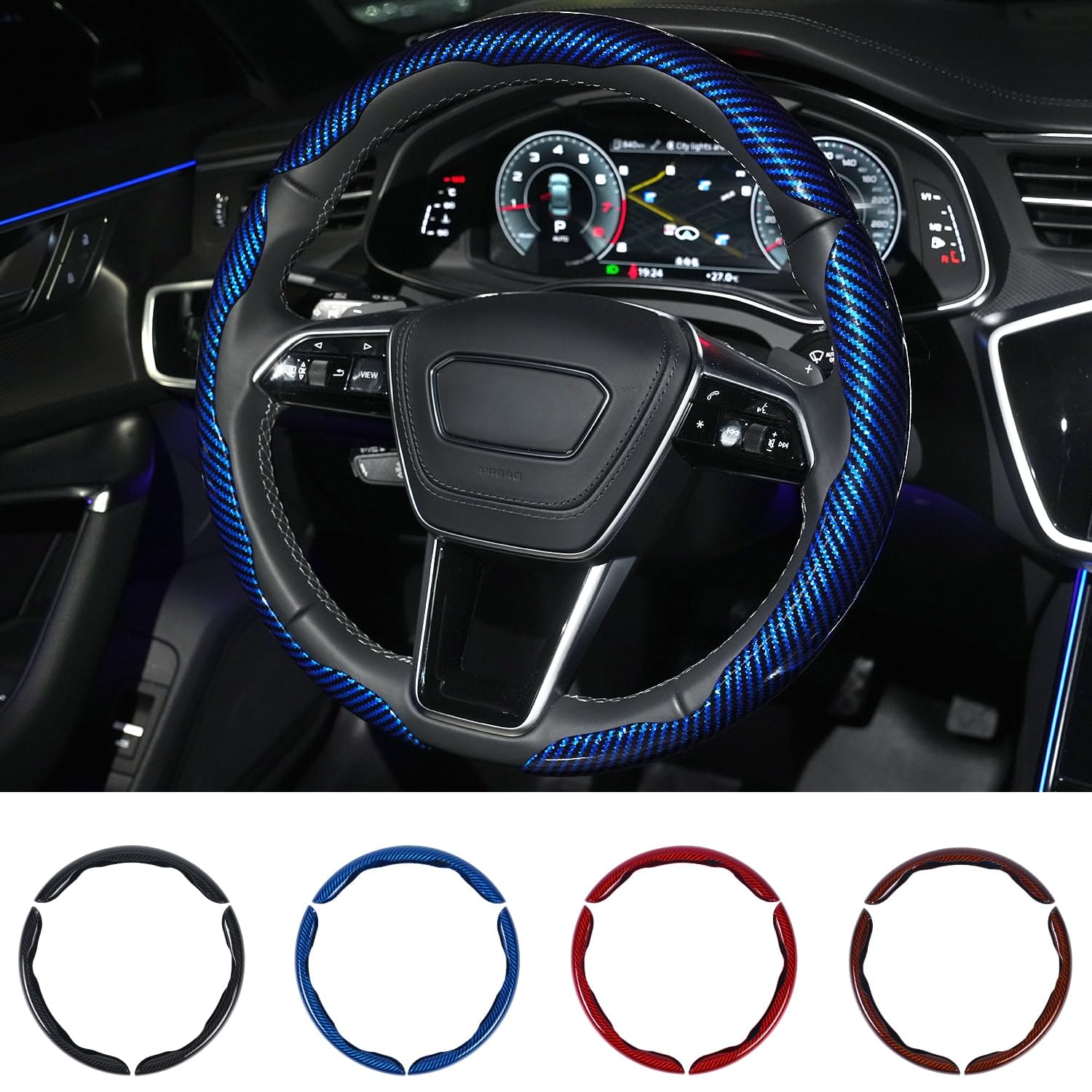 Photo 1 of Hiseanllo Carbon Fiber Steering Wheel Cover 3PCS Set – Anti-Slip, Scratch-Resistant, Universal Fit for 14–16 Inch Wheels – Interior Car Accessories for Cars, SUVs, Trucks (Blue)