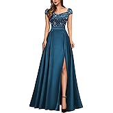 Miusol Women's Elegant V-Neck Sequin Lace Contrast Satin Split Bridesmaid Maxi Dress
