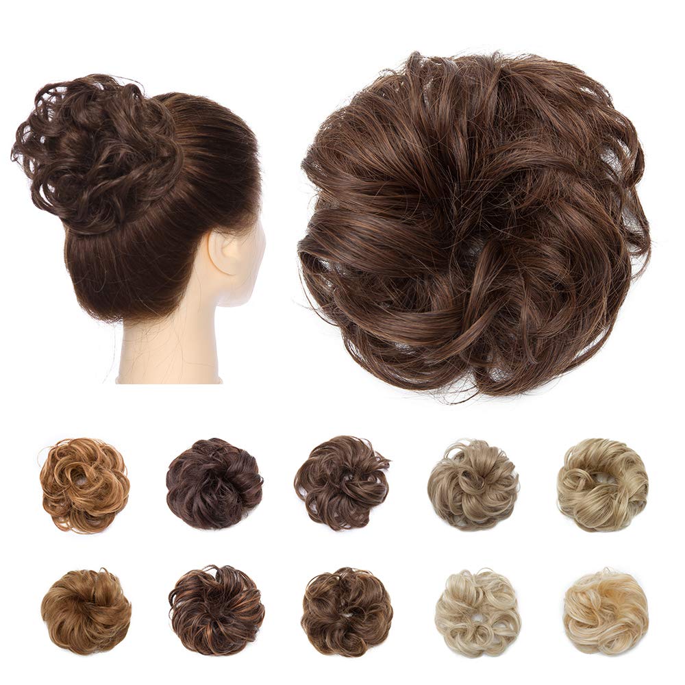 Silk-co Synthetic Hair Bun Extensions Messy Curly Hair Scrunchies Hairpieces Updo Donut Hairpieces for Women -Dark Brown & Auburn