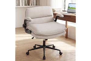 COSTWAY Cross Legged Office Chair, Wide Seat Faux Leather Vanity Desk Chairs with Wheels & Flip-up Armrests, Swivel Height Ad