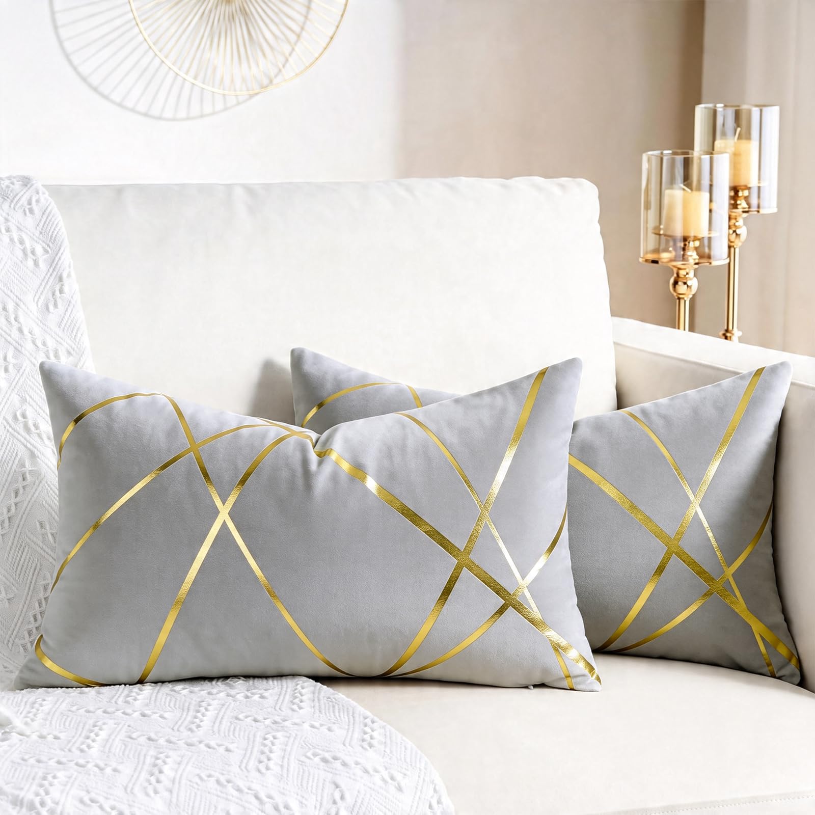 2 Pack Velvet Cushion Covers 12 x 20 Inch Gilded Throw Pillow Covers Decorative Velvet Sofa Cushions Gold Lines geometry Pattern Grey Square Decorative Soft Spring Summer Home for Sofa Living Room — image 1