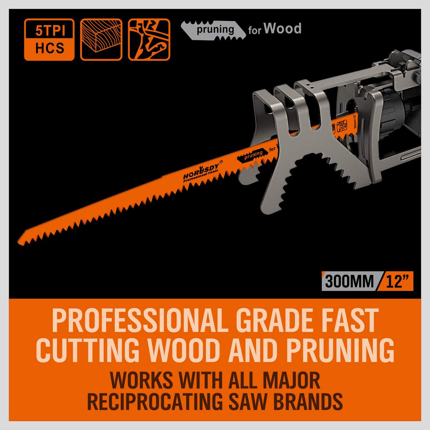 HORUSDY 12-Inch Wood Pruning Reciprocating Saw Blades, 5TPI Saw Blades - 5 Pack - - 