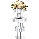 Bigsee Silver Vases Centerpieces Crystal Flower Stand with Hanging Crystals, 5 Tier Round Chandelier Pedestal Stand for Weddi