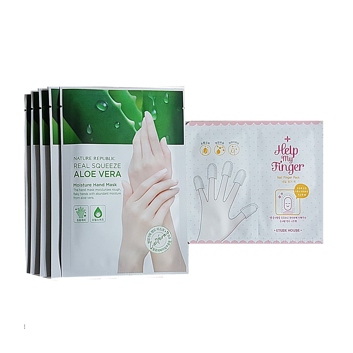 Nature Republic REAL SQUEEZE Aloe Vera Moisture HAND Mask Glove Type 5 Pairs + Finger Pack with VMKorea Samples