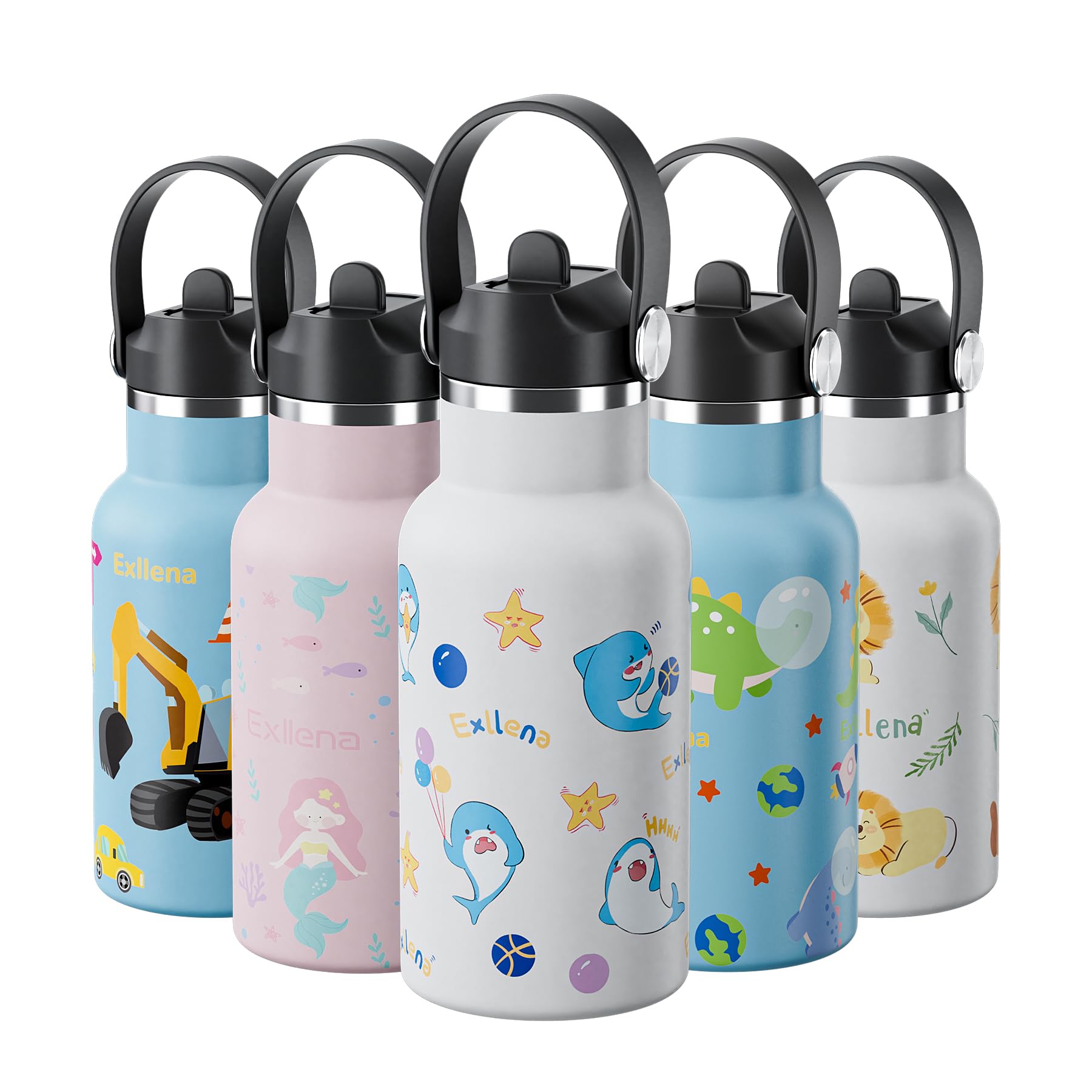 Exllena 350ml Stainless Steel Water Bottle Kids BPA Free with Straw - 100% Leakproof - Kids Insulated Water Bottle with Handle Lid - Easy to Use for Toddlers Girls Boys (Sharks)