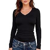 YumiDay Womens V Neck Long Sleeve Tops Thermal Undershirt Stretchy Shirt Fitted Lightweight Moisture Wicking