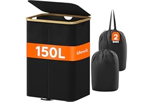 Lifewit 150L Double Laundry Hamper with Lid, Large Dual Laundry Basket Removable Bags, 2 Sections Aesthetic Clothes Hampers for Laundry with Bamboo Handles for Bedroom Bathroom Dorm, Black