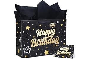 ZGORENDZ 14'' Large Gift Bag Gold Foil Happy Birthday Party Bag with Tissue Paper, Card, Envelope, Gift Tag