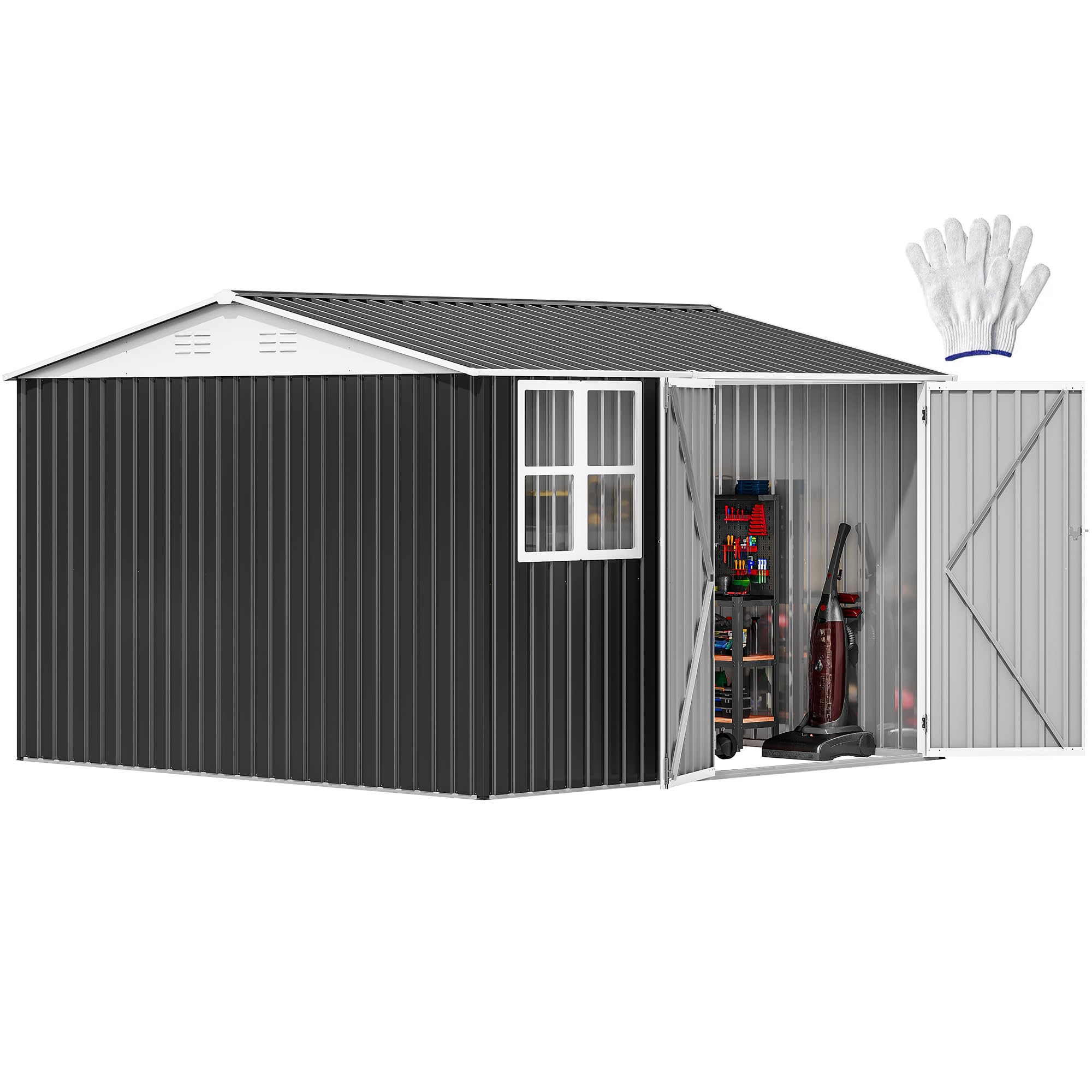 Photo 1 of * only 1 box, missing parts**  10x10ft Metal Outdoor Storage Shed with Window, Lockable Tool Storage Sheds, Oversized Steel Garden Sheds with Sloped Roof for Backyard, Patio, Garage, Lawn, Gray & White