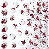 Pndeyo 30pcs 15mm Christmas Wooden Beads, Snowflake Deer Christmas Tree Bead, Vintage Wooden Spacer Accessories for Crafts DIY Party Home Decoration- Red & White