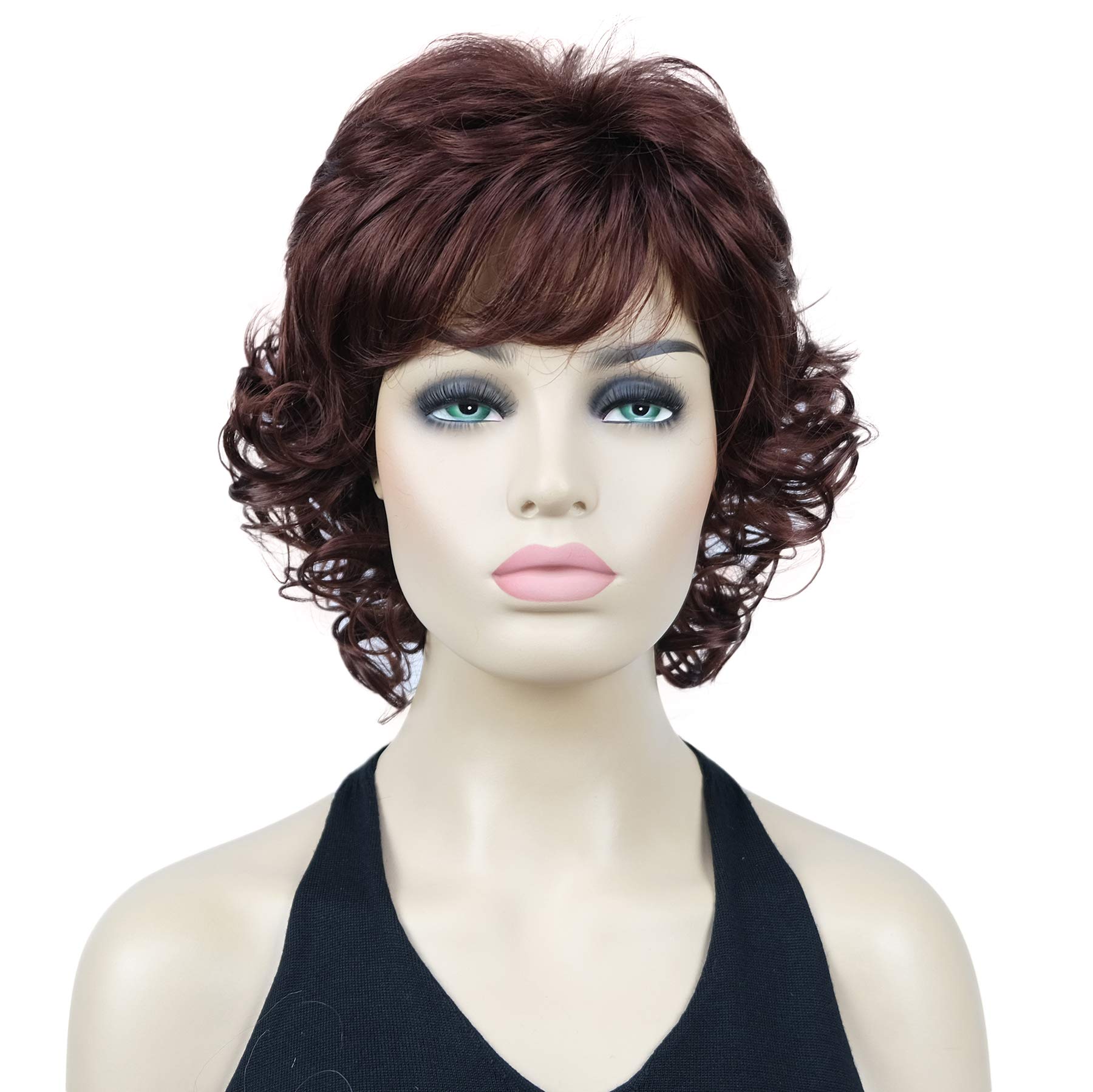 Lydell 12" Short Curly Wigs Soft Shaggy Layered Classic Cap Full Synthetic Wigs (33A Dark Auburn)