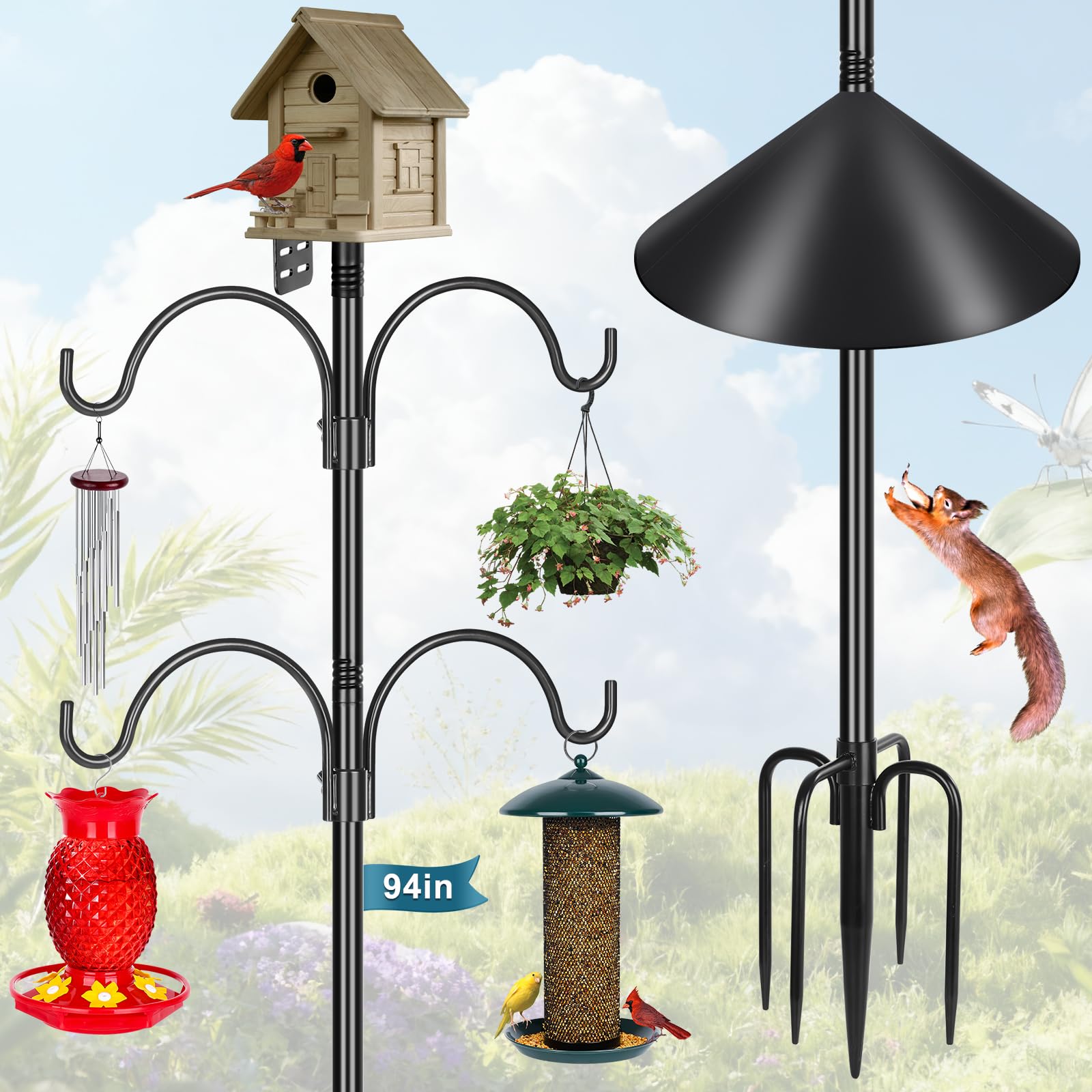 Gtongoko Smart Bird Feeder Pole Squirrel Proof 94 Inch with 4 Shepherds Hooks Hanging Bluebird House Pole for Outdoors Squirrel Baffles for Feeders Metal Heavy Duty Mounting Kit Image