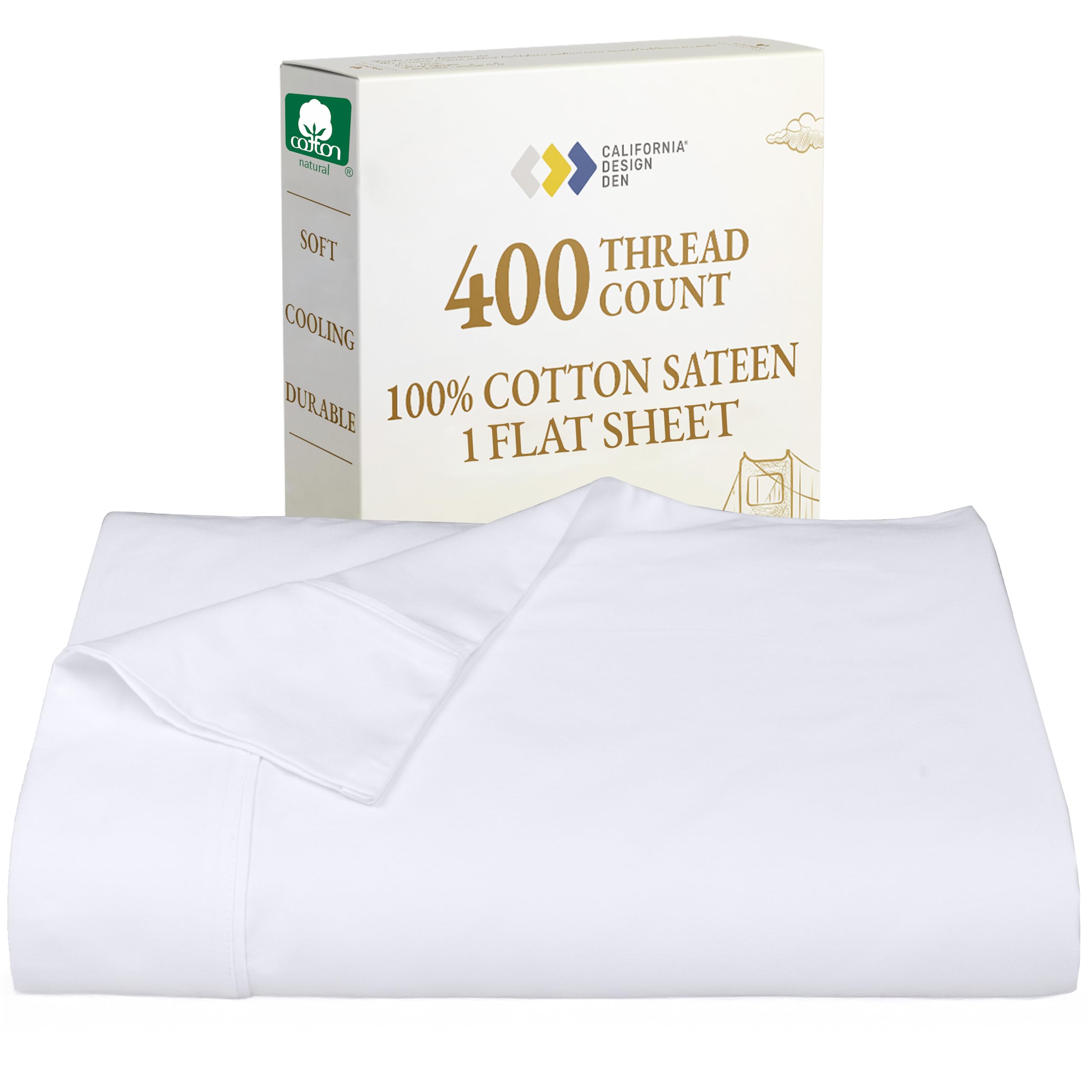 California Design Den Flat White King Sheets Only - Soft 400 Thread Count 100% Cotton Sateen, & Breathable Bed Sheets - White