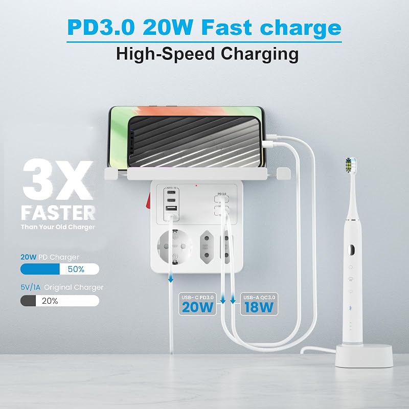 Plugue pd20w com interruptor, plugues ladron usb c com carregamento rápido pd3.0 20w e qc3.0 18w, réguas de energia de parede com régua de energia de prateleira 3 soquetes 6 carregador adaptador de plugue múltiplo usb, branco