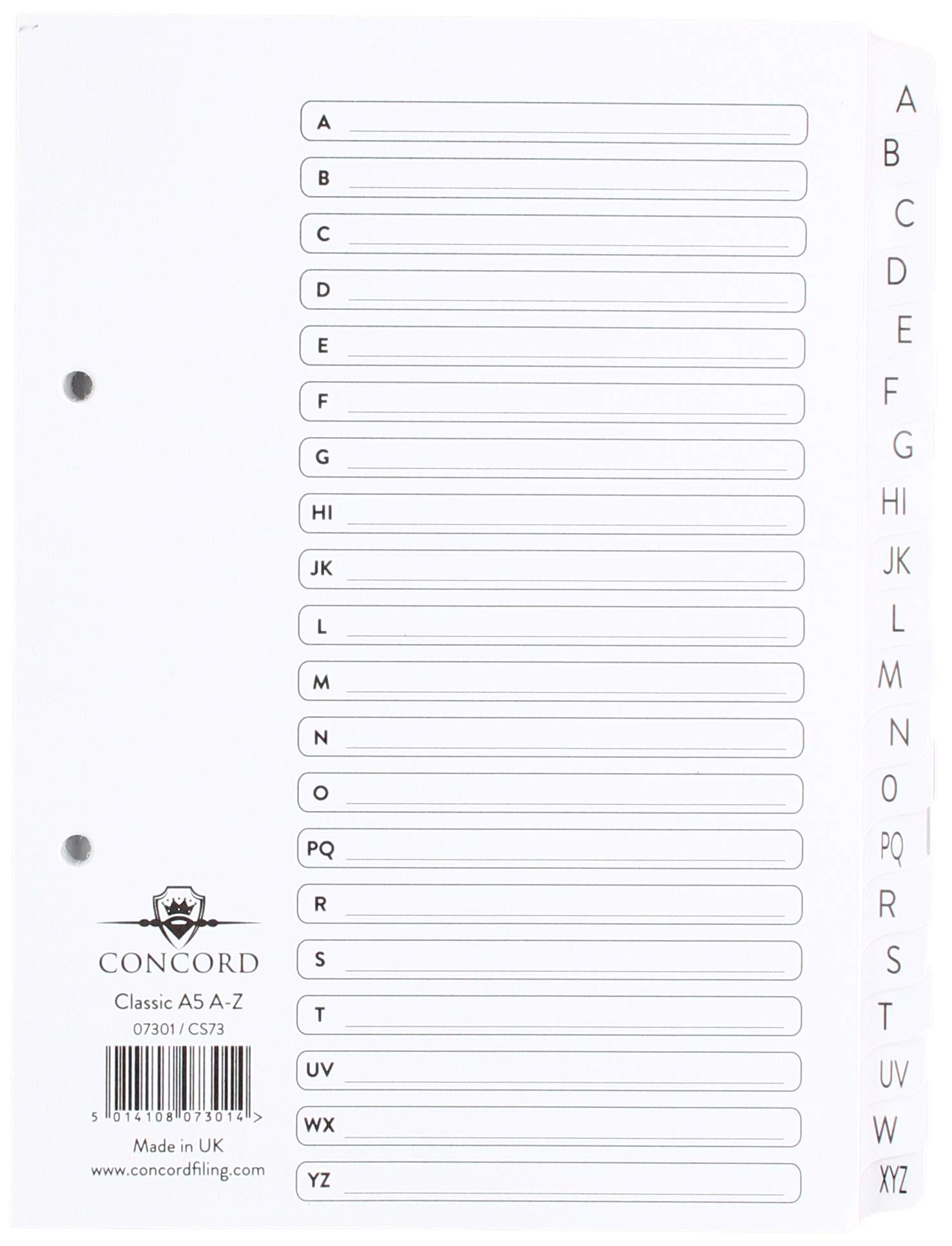 Concord Classic Index Mylar-reinforced Punched 2 Holes A-Z 20-Part A5 White Ref 07301/CS73