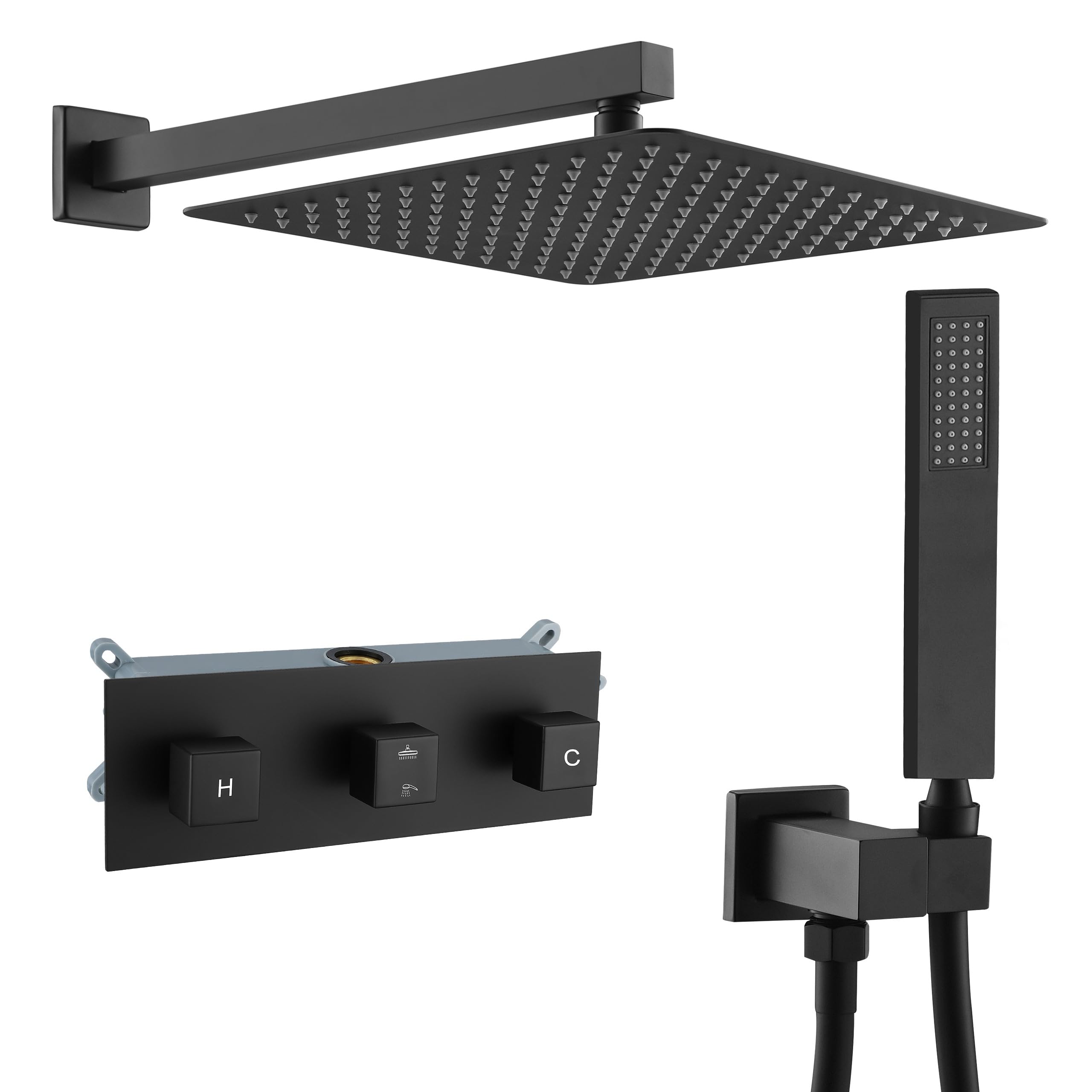 Photo 1 of TNOMS Matte Black Rainfall Shower System with 12 Inch Rainfall Shower Head and Square Handheld Shower Head,High Pressure Bathroom Luxury Rain Mixer Shower Complete Combo Set,Wall Mounted