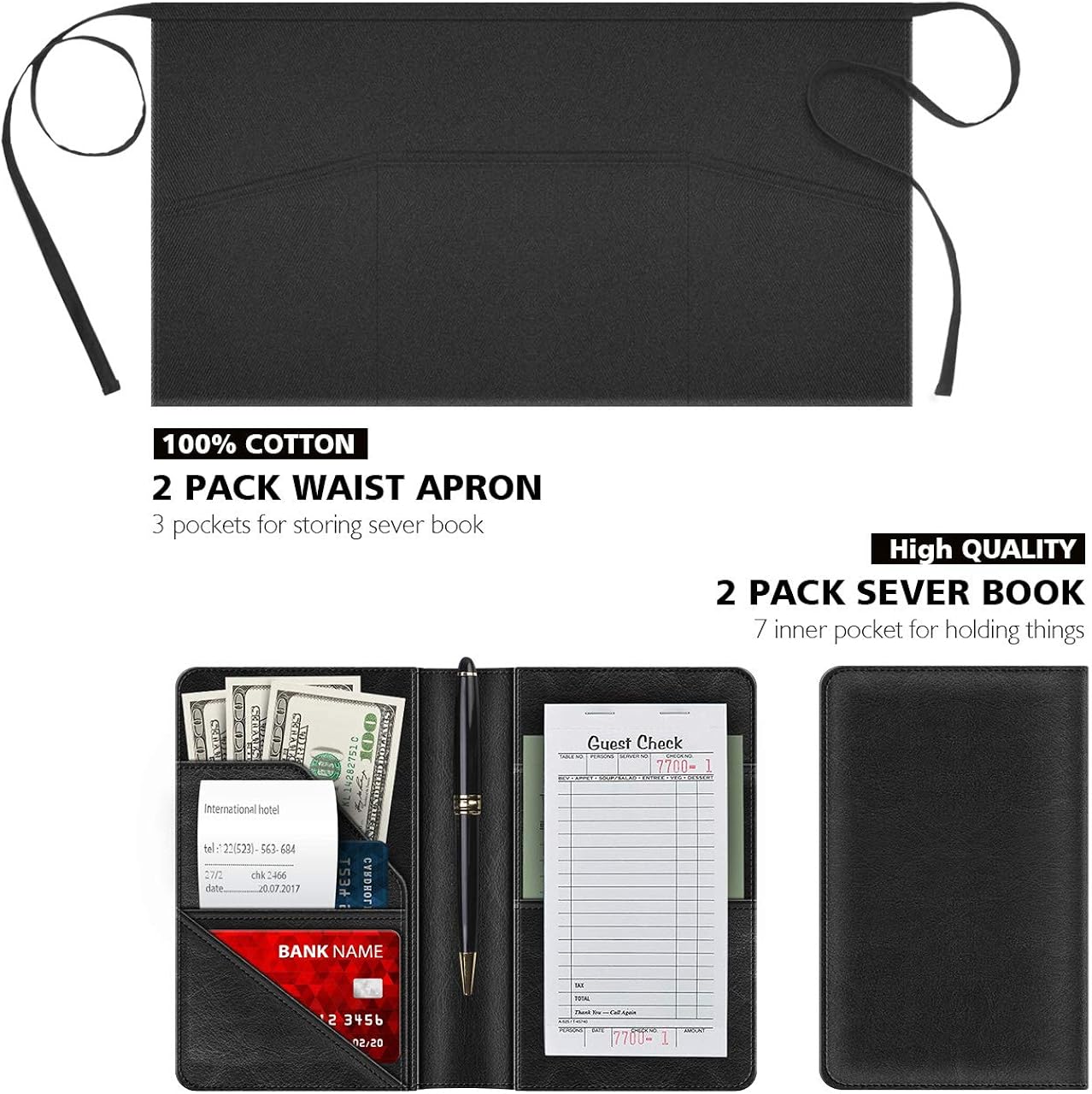 Syntus 2 Apron & 2 Waiter Book Sets – Server Book for Waitress Waiter Organizer with Guest Check Book Holder Money Pocket, 100% Cotton Waitress Waist Apron Set Perfect for Restaurant Waitstaff: Clothing