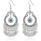 Watforsh Boho Silver Turquoise Red and Blue Flower Shape Filigree Western Country Earrings Drop Dangle Vintage Stone Bohemian Statement Earrings for Women Cowgirl