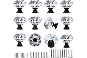 DEELF OUTLET 12 Pcs Clear Glass Cabinet Knobs 40 mm Crystal Drawer Pulls with Black Base Diamond Shape Dresser Knobs for Cabinets, Dressers, Drawers, Cupboards, Wardrobes, and Bookcases, Home or Office Décor
