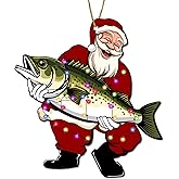 365RUSTIC Santa Clause Holding a Fish Christmas Tree Keepsake Ornaments, Fishing Themed 2 Side Printed Flat Wooden Ornament, Xmas Hanging Decor