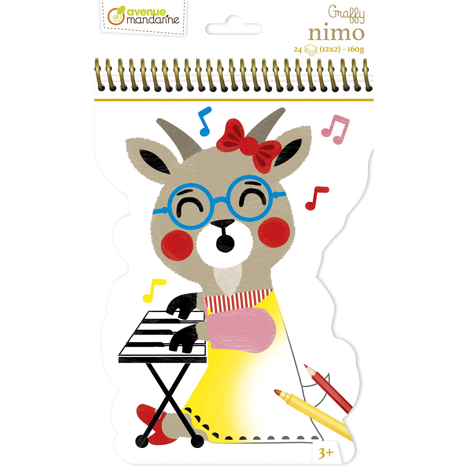 Avenue Mandarine - Ref GY114C - Graffy Nimo Spiral Colouring Book - Goat Designs - 24 Colouring Pages, 15 x 25.5cm, 160gsm Drawing Paper, 12 Designs, Suitable for Ages 3+