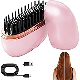 Mini Hair Straightener,Cordless&Rechargeable Portable Hair Straightener Brush with 3 Temperature Setting,Portable Electric Hair Brush 30s Heating,Mini Straightening Brush for Home & Travel (Pink)
