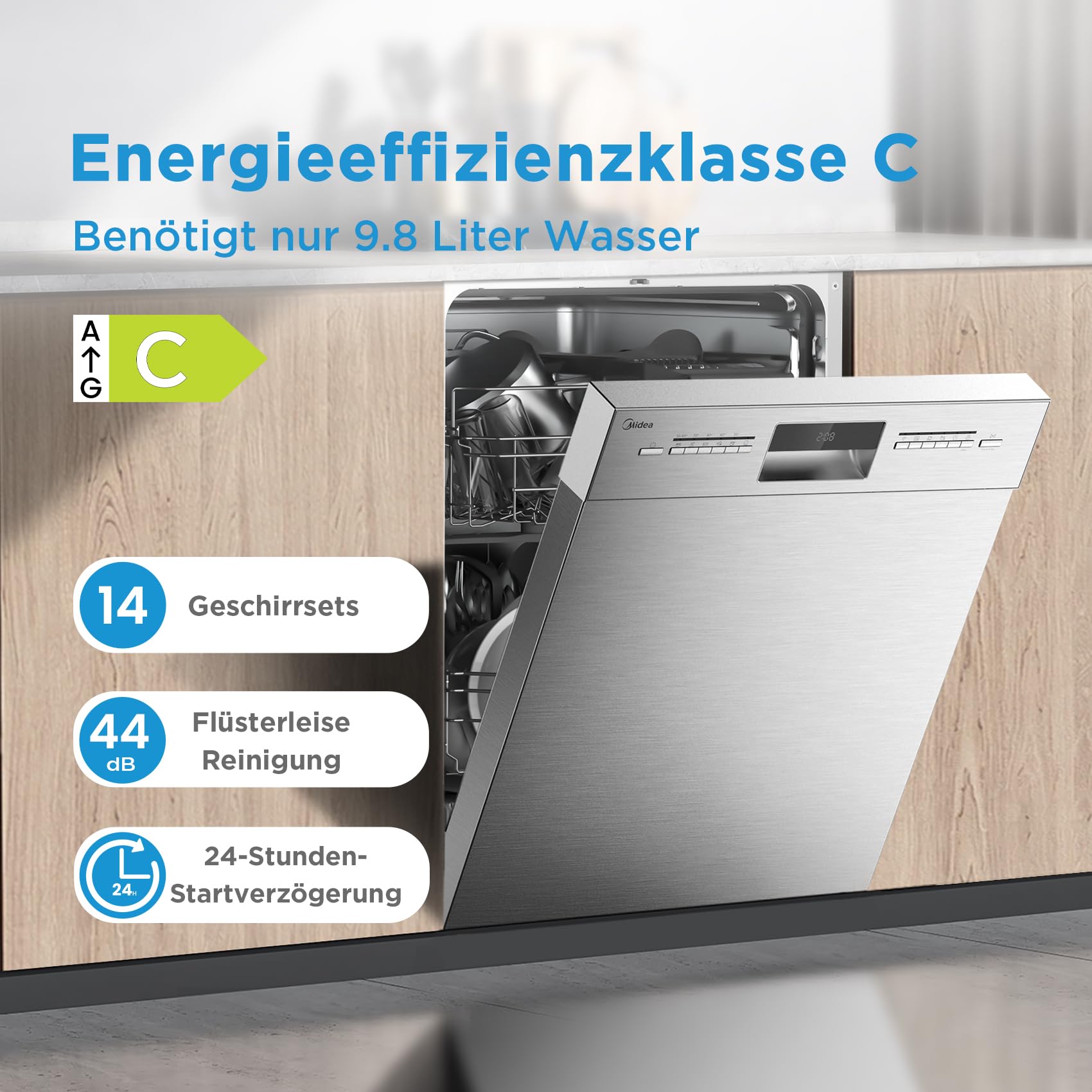 Midea SU 5.35X14CS Geschirrspüler Unterbau, 14 MGD, Spülmaschine 60 cm, Home Connect, Hygienepflege+, Maschinenpflege+, Extra Trocknung, Halbe Beladung, 44 db, Startverzögerung, Edelstahl 2