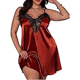 WDIRARA Women's Plus Size Satin Nightgown Lace Trim Backless V Neck Sexy Chemise