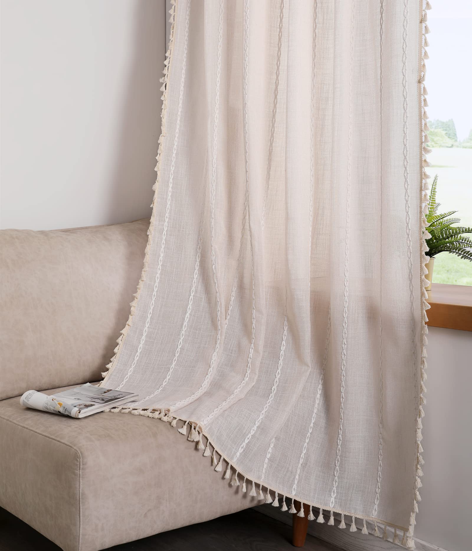 Photo 1 of RoomTalks Boho Beige Curtains for Bedroom Living Room 84 Inch Length French Country Modern Farmhouse Cotton Window Curtain Panels Embroidery Striped Bohemian Tassel Draperies, 84’’L x 52’’W