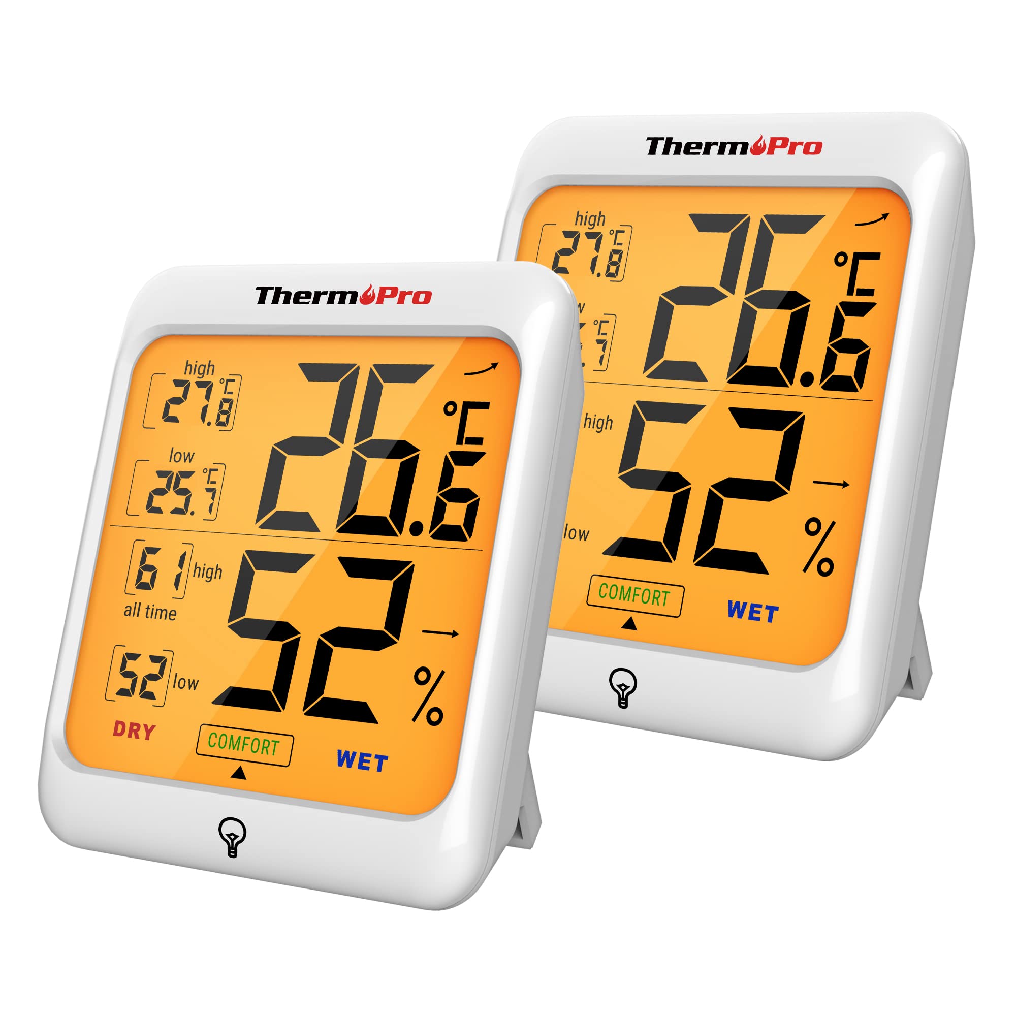 ThermoPro TP53 Hygrometer Indoor Humidity Indicator Temperature and Humidity Gauges Mood Thermometer with Backlight Thermometer Reptile Hygrometer with Large Screen, 2 Pieces