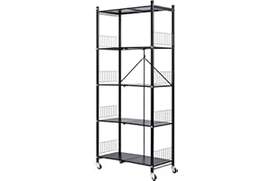 Foldable Storage Shelves Unit, 5-Tier Folding Shelf Shelving Rack Organizer Cart with Rolling Wheels for Temporary or Mobile 